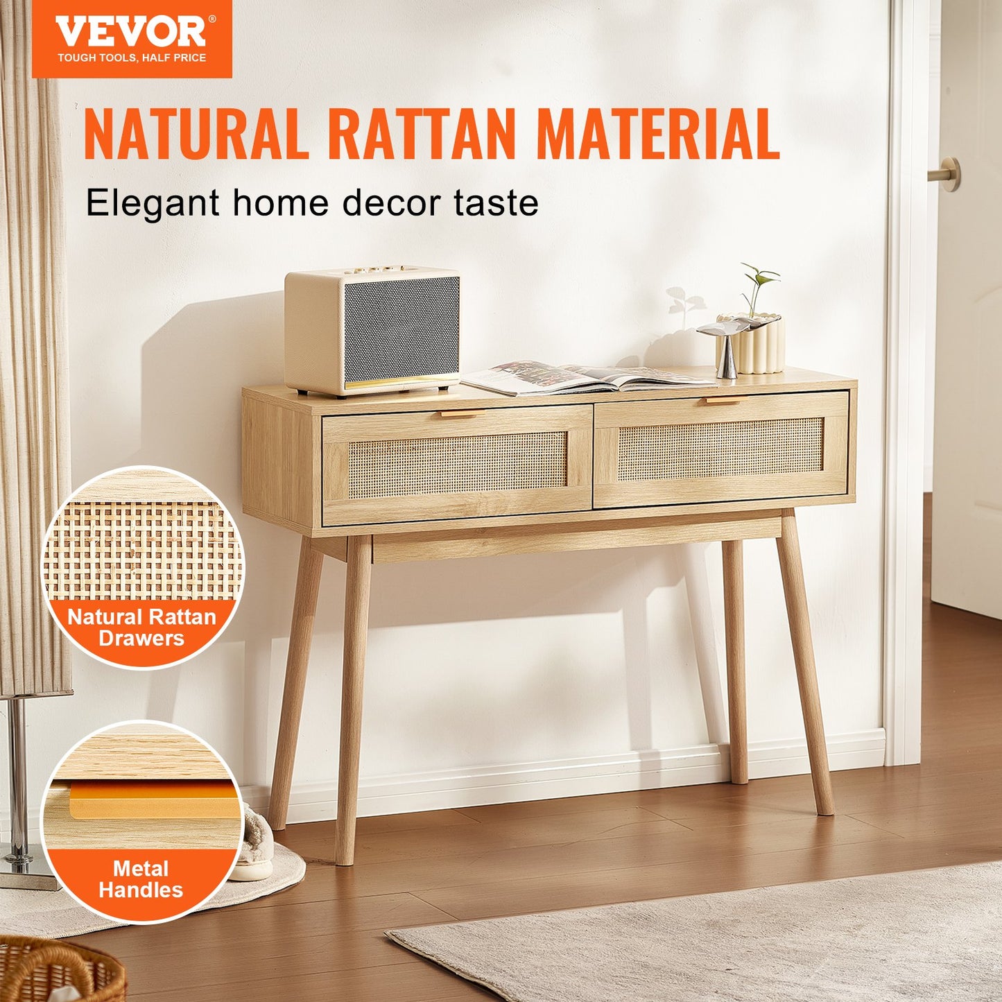 Rattan-Konsolentisch mit 2 Schubladen Rattan-Schiebetür Natur