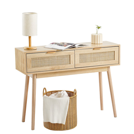 Rattan-Konsolentisch mit 2 Schubladen Rattan-Schiebetür Natur