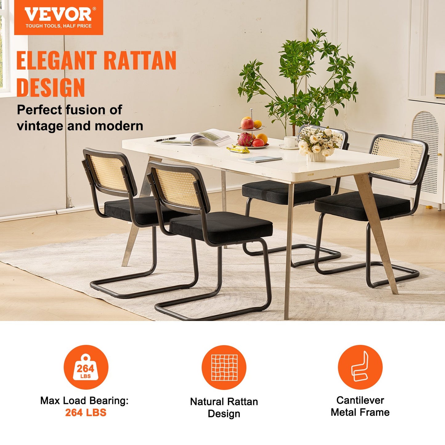 Rattanstühle, 4er-Set, Mid-Century Modern Esszimmerstuhl, Gepolsterter Samtstuhl mit Rattan-Rückenlehne, Retro-Esszimmer-Küchenstuhl für Wohnzimmer, Schlafzimmer, Lesezimmer, Büro, Schwarz