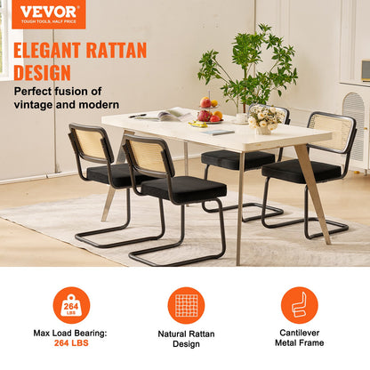 Rattanstühle, 4er-Set, Mid-Century Modern Esszimmerstuhl, Gepolsterter Samtstuhl mit Rattan-Rückenlehne, Retro-Esszimmer-Küchenstuhl für Wohnzimmer, Schlafzimmer, Lesezimmer, Büro, Schwarz