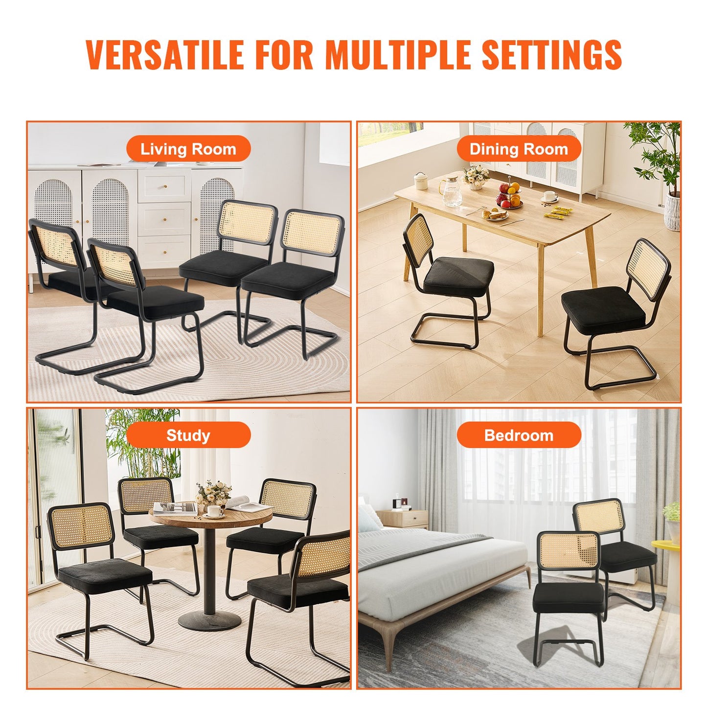 Rattanstühle, 4er-Set, Mid-Century Modern Esszimmerstuhl, Gepolsterter Samtstuhl mit Rattan-Rückenlehne, Retro-Esszimmer-Küchenstuhl für Wohnzimmer, Schlafzimmer, Lesezimmer, Büro, Schwarz