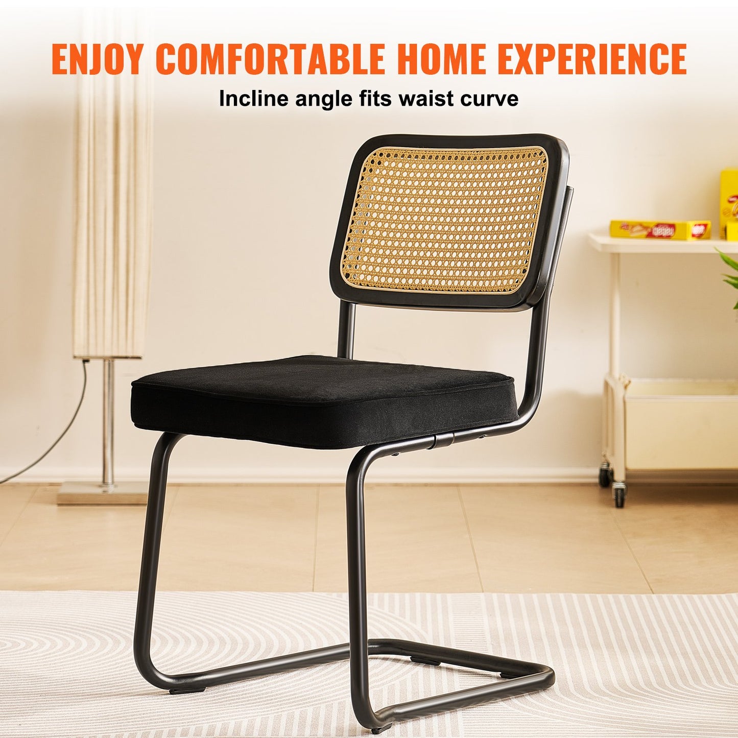 Rattanstühle, 4er-Set, Mid-Century Modern Esszimmerstuhl, Gepolsterter Samtstuhl mit Rattan-Rückenlehne, Retro-Esszimmer-Küchenstuhl für Wohnzimmer, Schlafzimmer, Lesezimmer, Büro, Schwarz