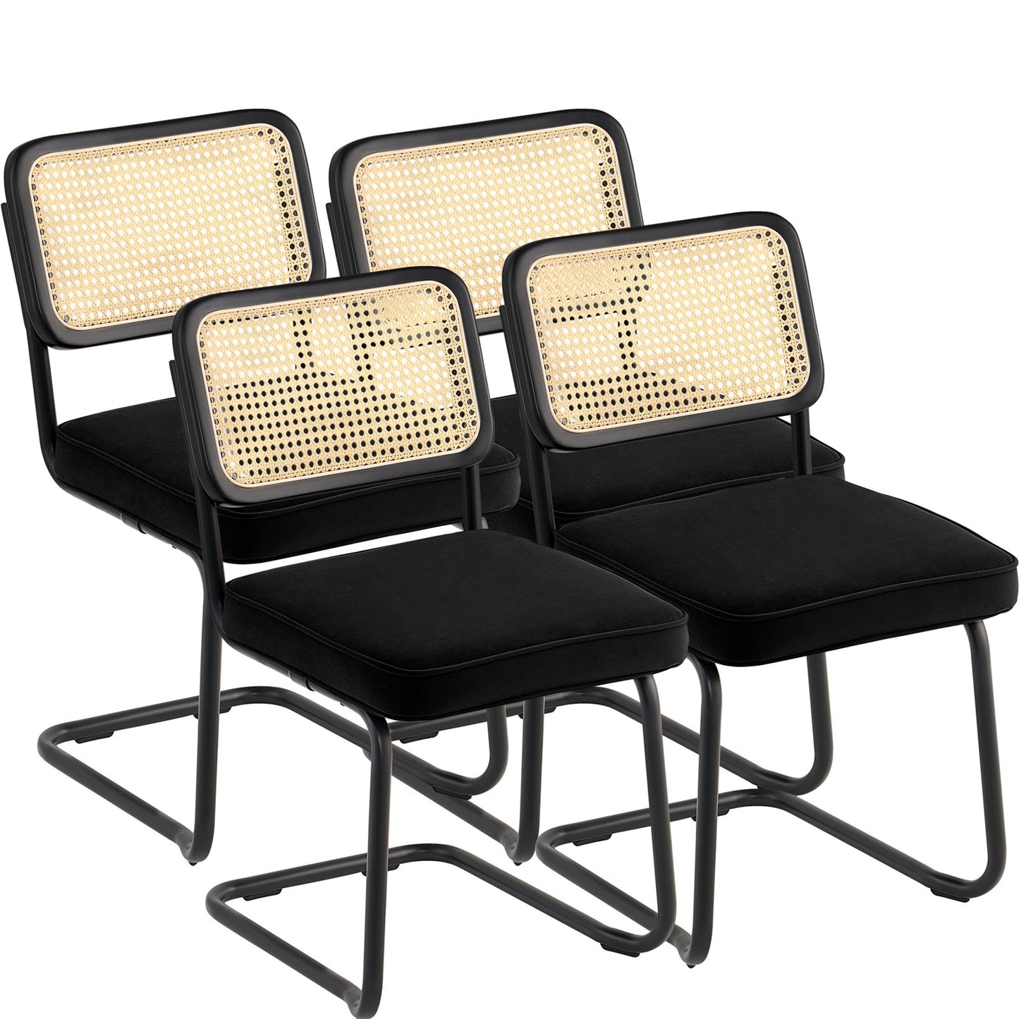 Rattanstühle, 4er-Set, Mid-Century Modern Esszimmerstuhl, Gepolsterter Samtstuhl mit Rattan-Rückenlehne, Retro-Esszimmer-Küchenstuhl für Wohnzimmer, Schlafzimmer, Lesezimmer, Büro, Schwarz