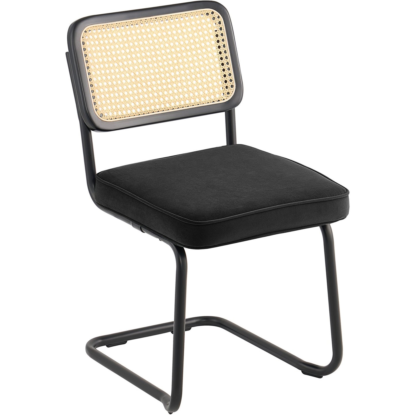 Rattanstühle, 4er-Set, Mid-Century Modern Esszimmerstuhl, Gepolsterter Samtstuhl mit Rattan-Rückenlehne, Retro-Esszimmer-Küchenstuhl für Wohnzimmer, Schlafzimmer, Lesezimmer, Büro, Schwarz