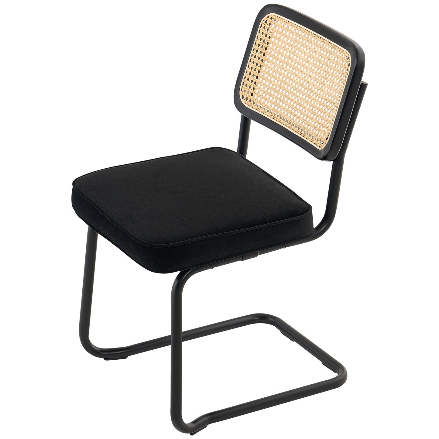 Rattanstühle, 4er-Set, Mid-Century Modern Esszimmerstuhl, Gepolsterter Samtstuhl mit Rattan-Rückenlehne, Retro-Esszimmer-Küchenstuhl für Wohnzimmer, Schlafzimmer, Lesezimmer, Büro, Schwarz