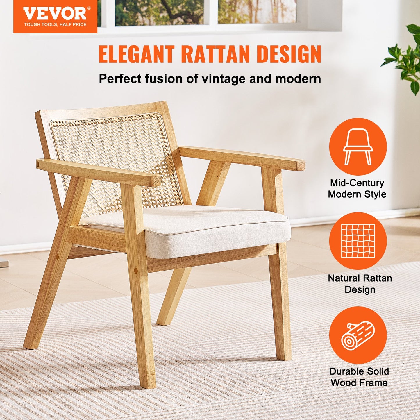 Rattanstuhl, Mid-Century Modern Esszimmerstuhl mit Armlehnen, Polsterstuhl mit Rattanrückenlehne, Retro Rattan Esszimmerküchenstuhl für Wohnzimmer, Schlafzimmer, Lesezimmer und Büro, Beige