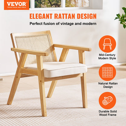 Rattanstuhl, Mid-Century Modern Esszimmerstuhl mit Armlehnen, Polsterstuhl mit Rattanrückenlehne, Retro Rattan Esszimmerküchenstuhl für Wohnzimmer, Schlafzimmer, Lesezimmer und Büro, Beige