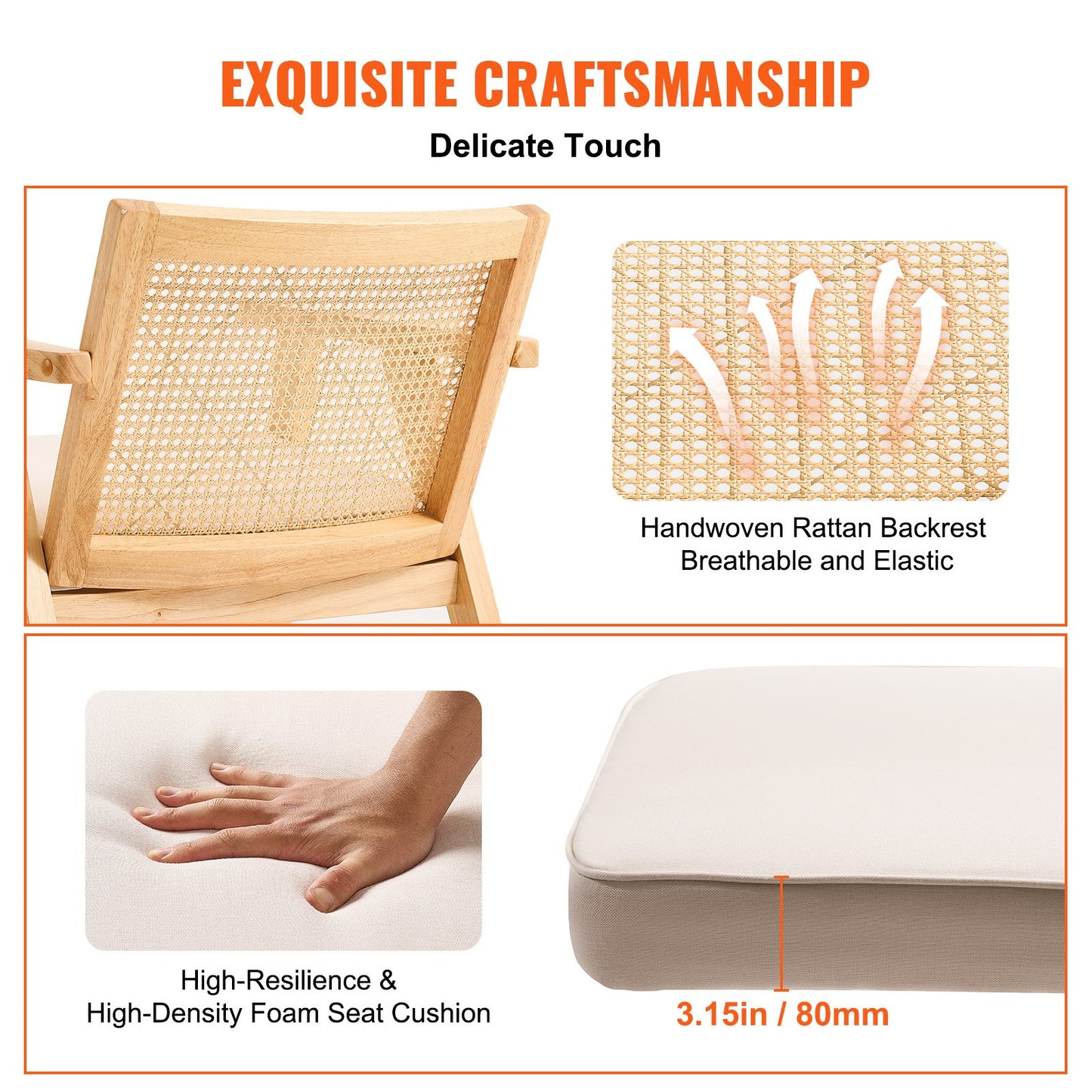 Rattanstuhl, Mid-Century Modern Esszimmerstuhl mit Armlehnen, Polsterstuhl mit Rattanrückenlehne, Retro Rattan Esszimmerküchenstuhl für Wohnzimmer, Schlafzimmer, Lesezimmer und Büro, Beige