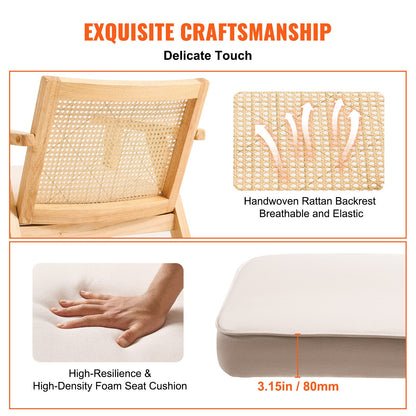 Rattanstuhl, Mid-Century Modern Esszimmerstuhl mit Armlehnen, Polsterstuhl mit Rattanrückenlehne, Retro Rattan Esszimmerküchenstuhl für Wohnzimmer, Schlafzimmer, Lesezimmer und Büro, Beige
