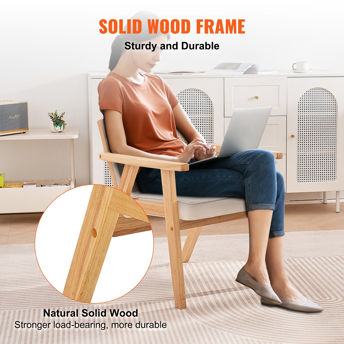 Rattanstuhl, Mid-Century Modern Esszimmerstuhl mit Armlehnen, Polsterstuhl mit Rattanrückenlehne, Retro Rattan Esszimmerküchenstuhl für Wohnzimmer, Schlafzimmer, Lesezimmer und Büro, Beige