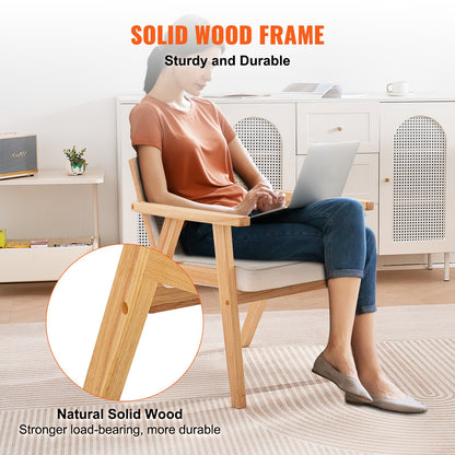Rattanstuhl, Mid-Century Modern Esszimmerstuhl mit Armlehnen, Polsterstuhl mit Rattanrückenlehne, Retro Rattan Esszimmerküchenstuhl für Wohnzimmer, Schlafzimmer, Lesezimmer und Büro, Beige