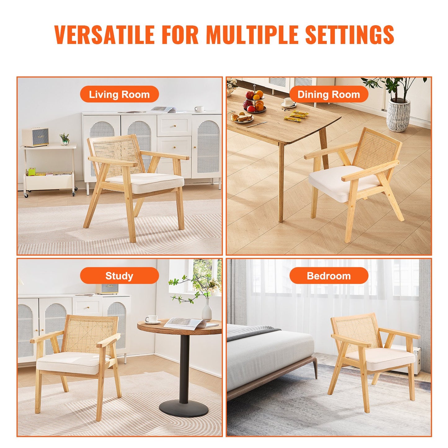 Rattanstuhl, Mid-Century Modern Esszimmerstuhl mit Armlehnen, Polsterstuhl mit Rattanrückenlehne, Retro Rattan Esszimmerküchenstuhl für Wohnzimmer, Schlafzimmer, Lesezimmer und Büro, Beige