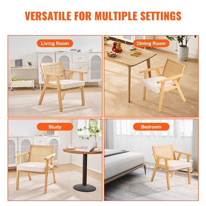 Rattanstuhl, Mid-Century Modern Esszimmerstuhl mit Armlehnen, Polsterstuhl mit Rattanrückenlehne, Retro Rattan Esszimmerküchenstuhl für Wohnzimmer, Schlafzimmer, Lesezimmer und Büro, Beige