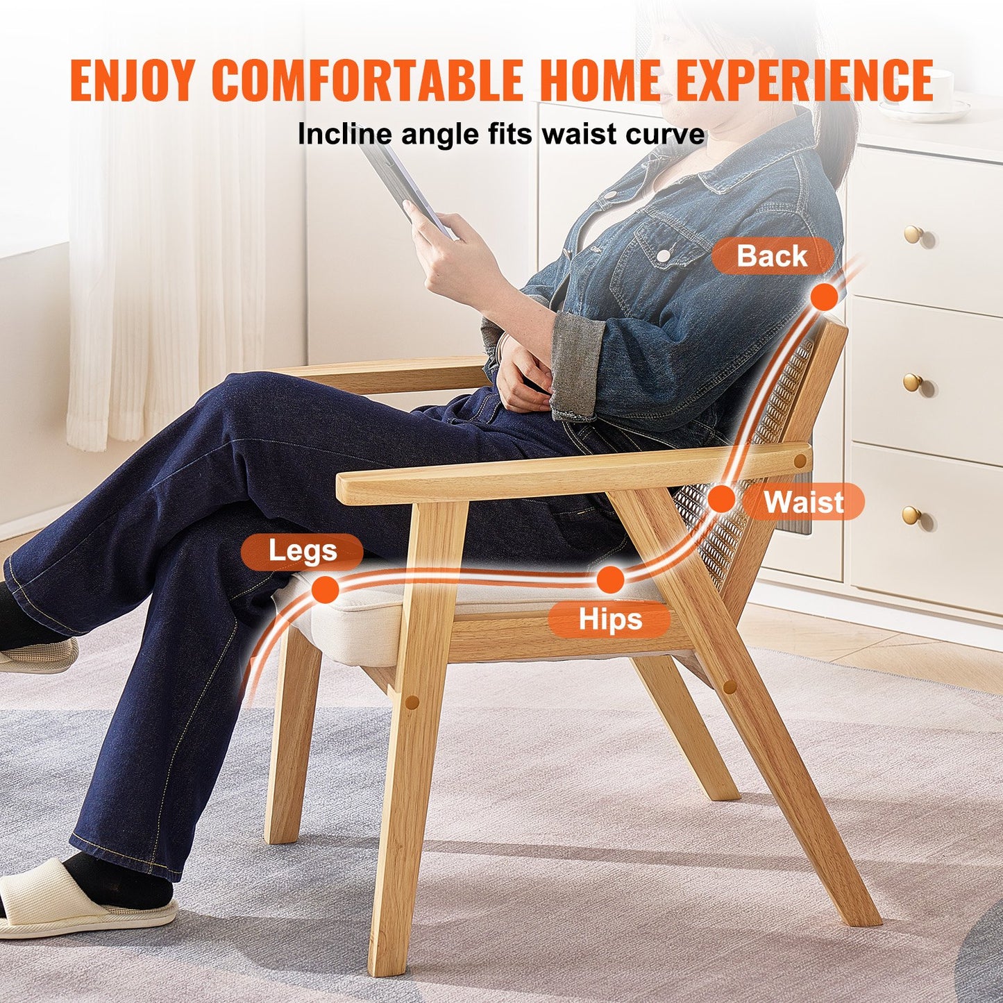Rattanstuhl, Mid-Century Modern Esszimmerstuhl mit Armlehnen, Polsterstuhl mit Rattanrückenlehne, Retro Rattan Esszimmerküchenstuhl für Wohnzimmer, Schlafzimmer, Lesezimmer und Büro, Beige