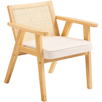 Rattanstuhl, Mid-Century Modern Esszimmerstuhl mit Armlehnen, Polsterstuhl mit Rattanrückenlehne, Retro Rattan Esszimmerküchenstuhl für Wohnzimmer, Schlafzimmer, Lesezimmer und Büro, Beige
