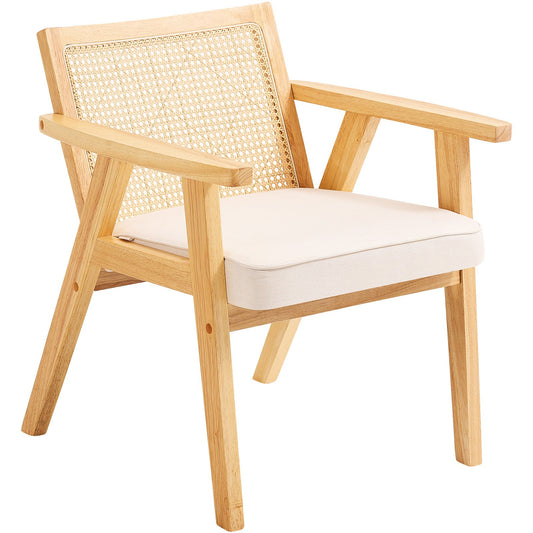 Rottingstol, Mid Century Modern Matsalsstol med armstöd, stoppad stol med rottingrygg, Retro Rotting Matsal Köksstol för vardagsrum, sovrum, läsrum och kontor, beige