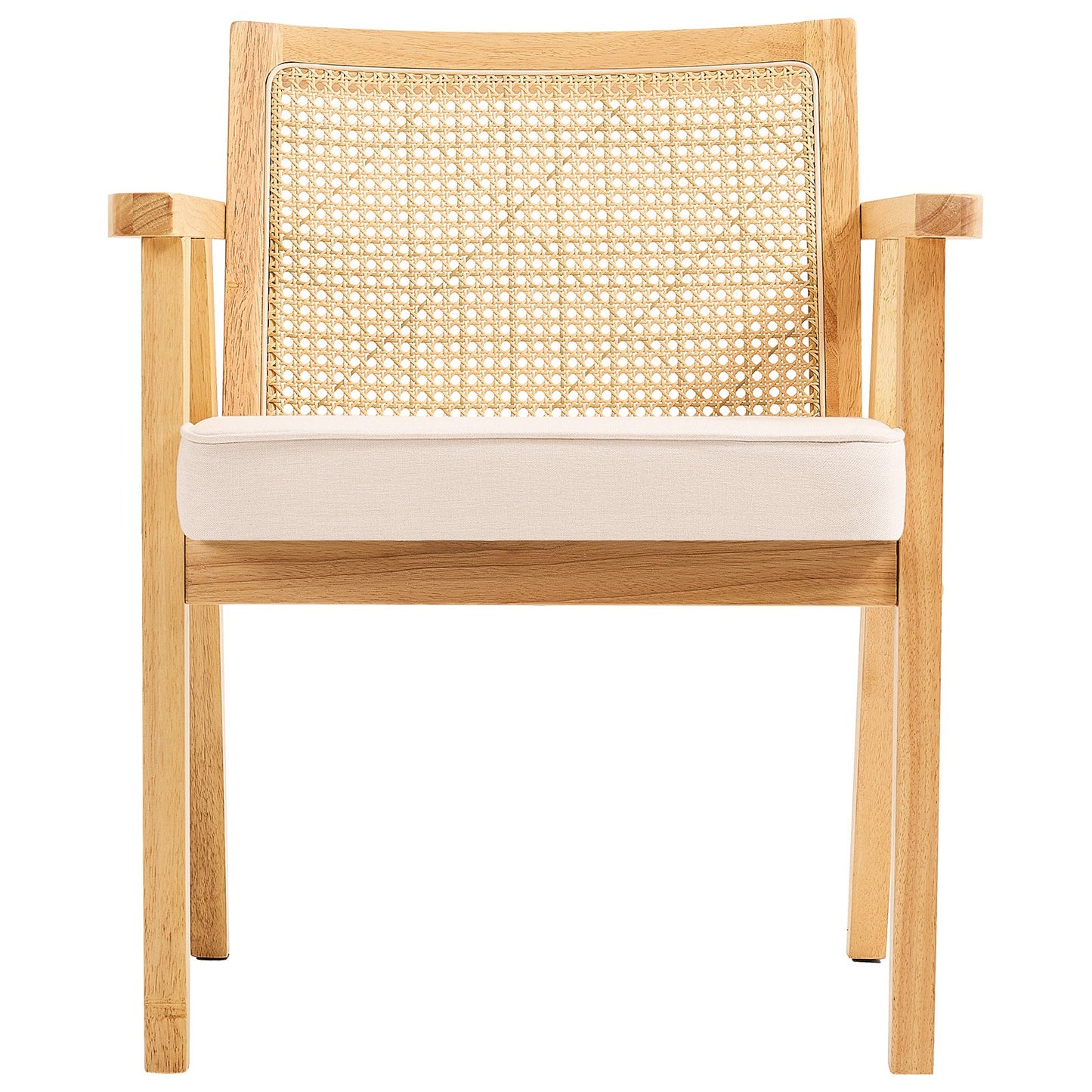 Rattanstuhl, Mid-Century Modern Esszimmerstuhl mit Armlehnen, Polsterstuhl mit Rattanrückenlehne, Retro Rattan Esszimmerküchenstuhl für Wohnzimmer, Schlafzimmer, Lesezimmer und Büro, Beige