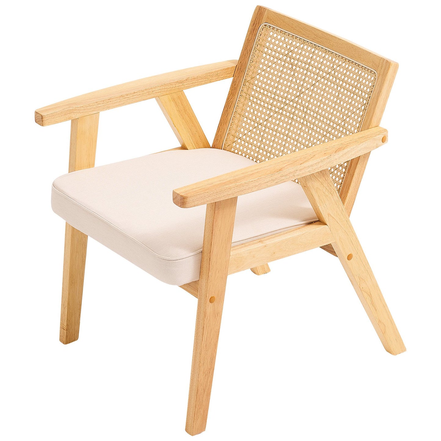 Rattanstuhl, Mid-Century Modern Esszimmerstuhl mit Armlehnen, Polsterstuhl mit Rattanrückenlehne, Retro Rattan Esszimmerküchenstuhl für Wohnzimmer, Schlafzimmer, Lesezimmer und Büro, Beige