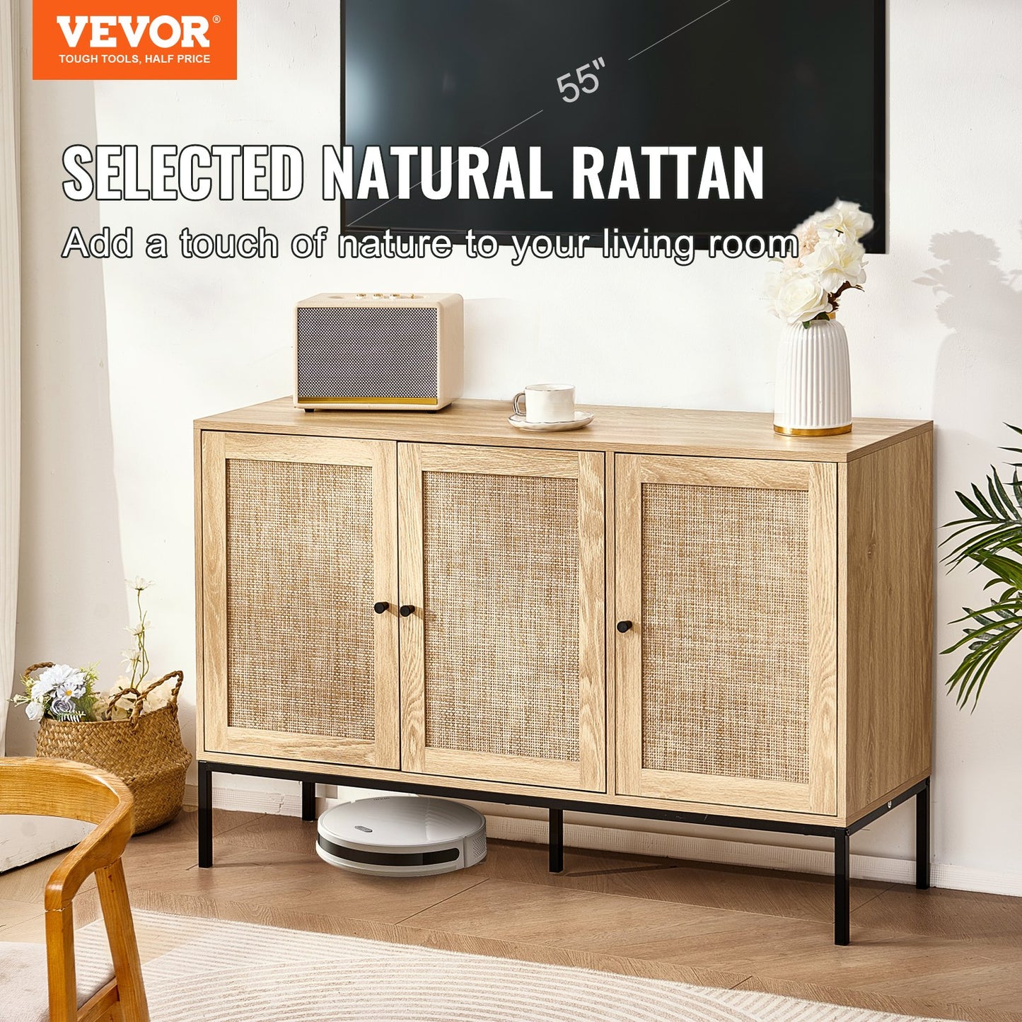 Rattan Cabinet Storage with 3 Magnetic Doors and Adjustable Shelves Natural
