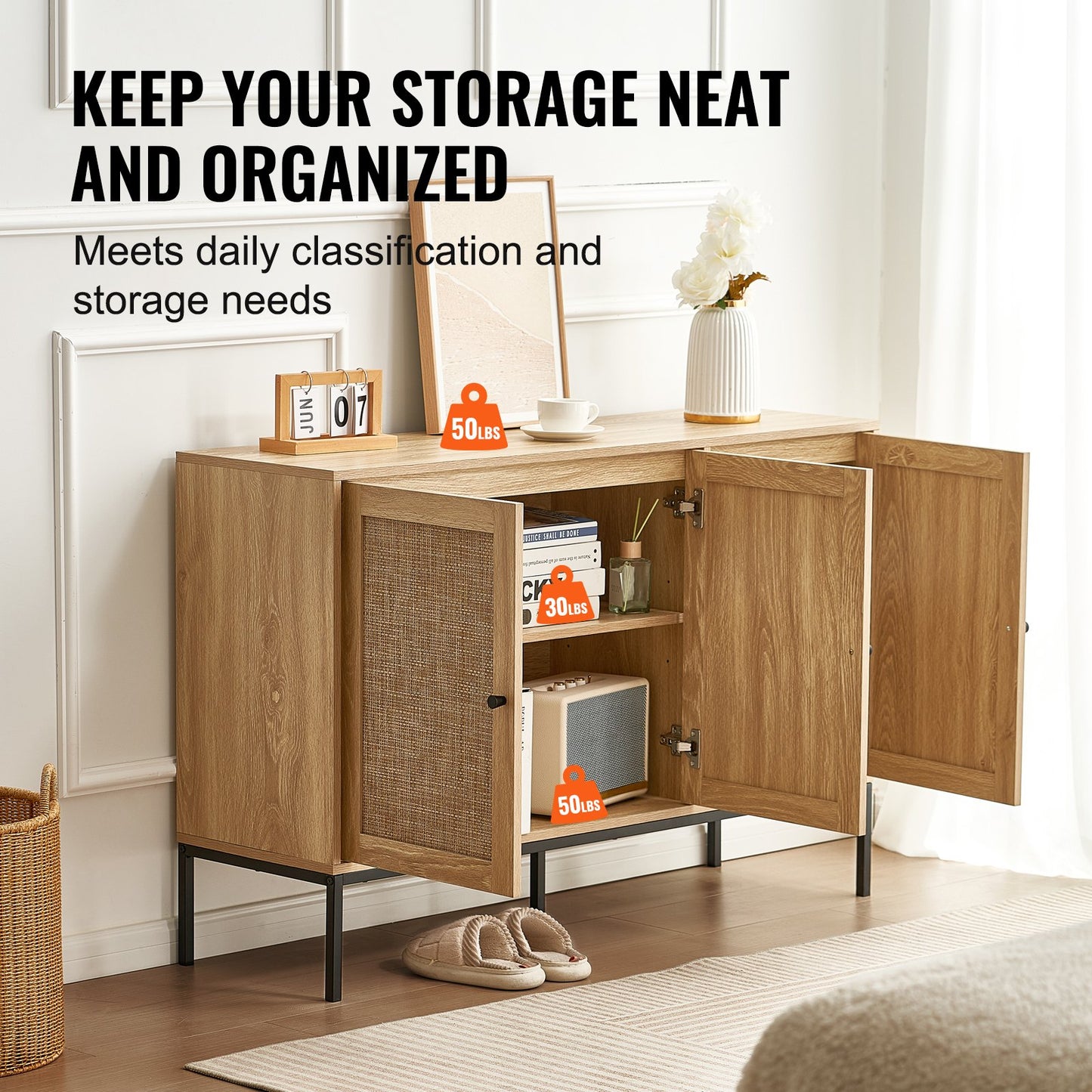 Rattan Cabinet Storage with 3 Magnetic Doors and Adjustable Shelves Natural