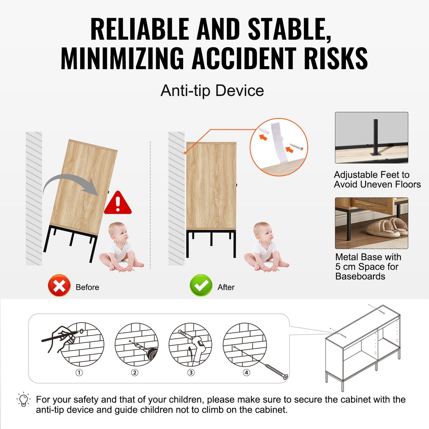 Rattan Cabinet Storage with 3 Magnetic Doors and Adjustable Shelves Natural