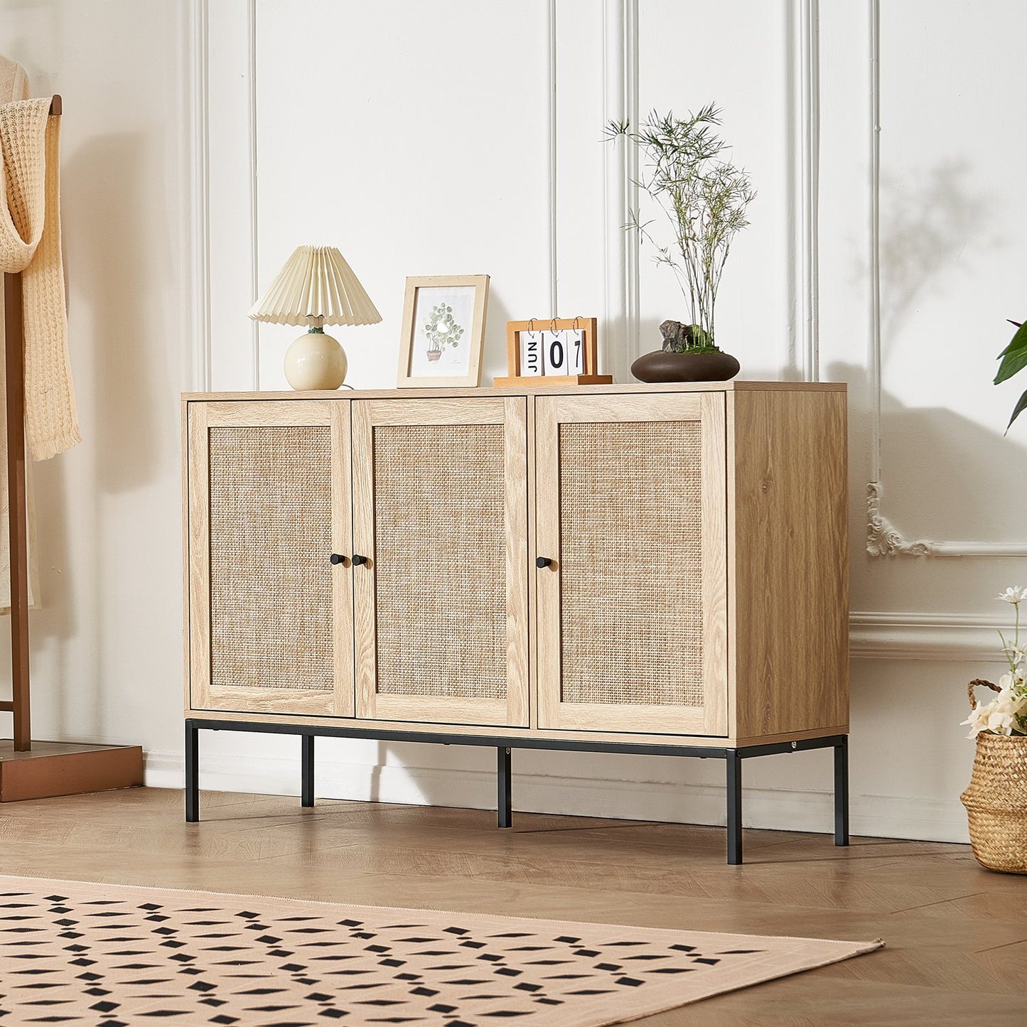 Rattan Cabinet Storage with 3 Magnetic Doors and Adjustable Shelves Natural