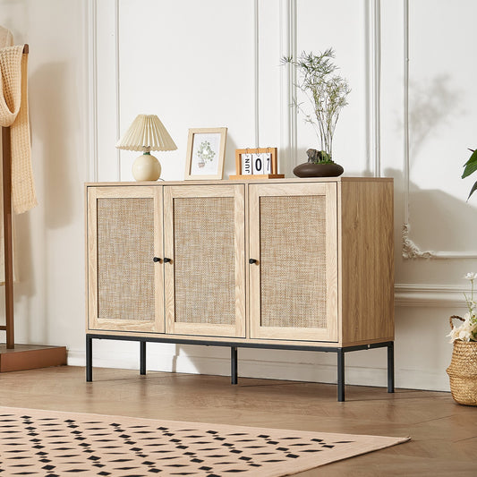 Rattan Cabinet Storage with 3 Magnetic Doors and Adjustable Shelves Natural