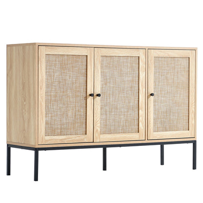 Rattan Cabinet Storage with 3 Magnetic Doors and Adjustable Shelves Natural