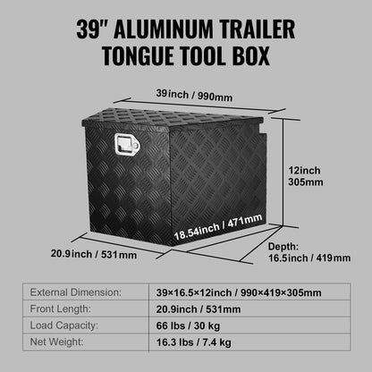 Trailer Tongue Box, Aluminiumlegering Diamond Plate Tongue Box Verktygslåda, Heavy Duty Trailer Box förvaring med lås och nycklar, Utility Trailer Tongue Box för pickup, husbil, trailer, 39"x16.5"x12