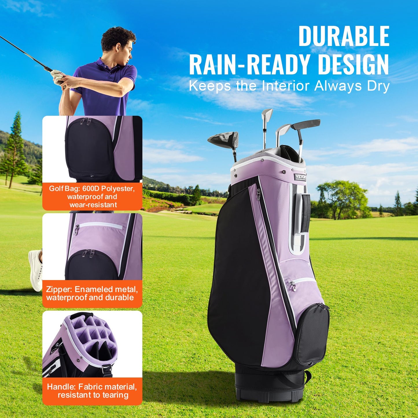 36-inch golf cart bag with 14-way divider with multiple pockets