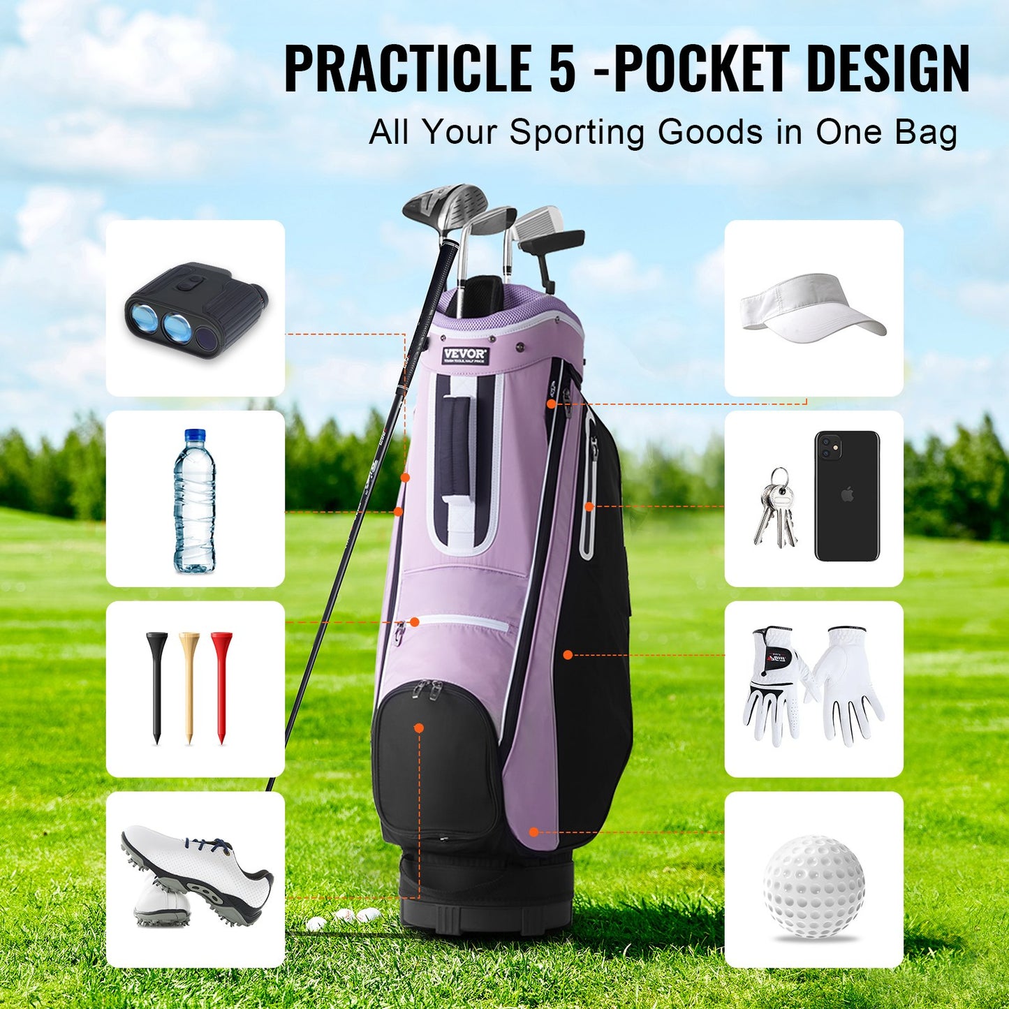 36-inch golf cart bag with 14-way divider with multiple pockets