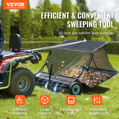Tow-Behind Lawn Sweeper 42-inch Leaf Yard Collector 12 cu.ft. Adjustable