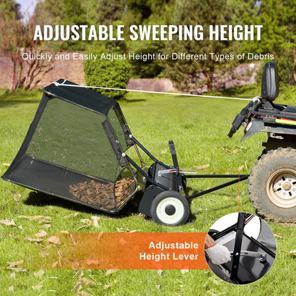 Tow-Behind Lawn Sweeper 42-inch Leaf Yard Collector 12 cu.ft. Adjustable