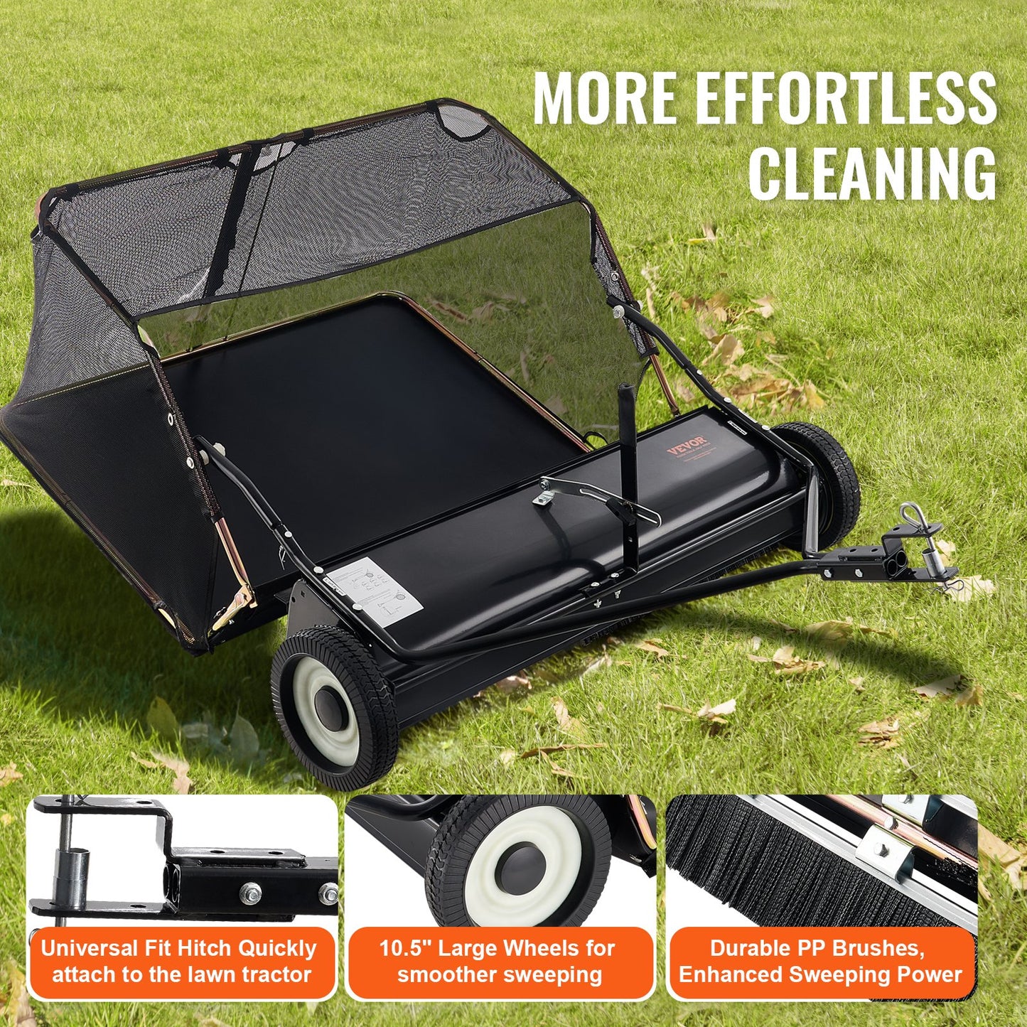 Tow-Behind Lawn Sweeper 42-inch Leaf Yard Collector 12 cu.ft. Adjustable
