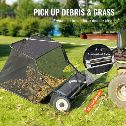 Tow-Behind Lawn Sweeper 42-inch Leaf Yard Collector 12 cu.ft. Adjustable