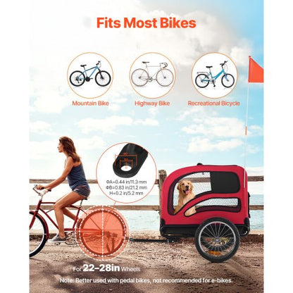 Hundcykelkärra, Stöder upp till 45 kg, Cykelhållare för små och stora hundar, Lättfällbar ram med snabbkopplingshjul, Universal cykelkoppling, Reflex, Flagga, Invändigt koppel |  EU