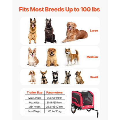 Hundcykelkärra, Stöder upp till 45 kg, Cykelhållare för små och stora hundar, Lättfällbar ram med snabbkopplingshjul, Universal cykelkoppling, Reflex, Flagga, Invändigt koppel |  EU