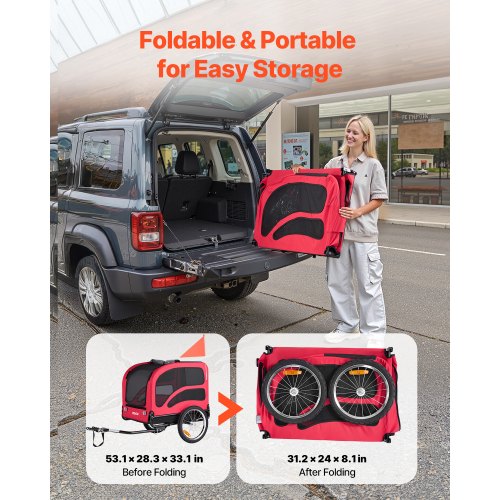 Hundcykelkärra, Stöder upp till 45 kg, Cykelhållare för små och stora hundar, Lättfällbar ram med snabbkopplingshjul, Universal cykelkoppling, Reflex, Flagga, Invändigt koppel |  EU