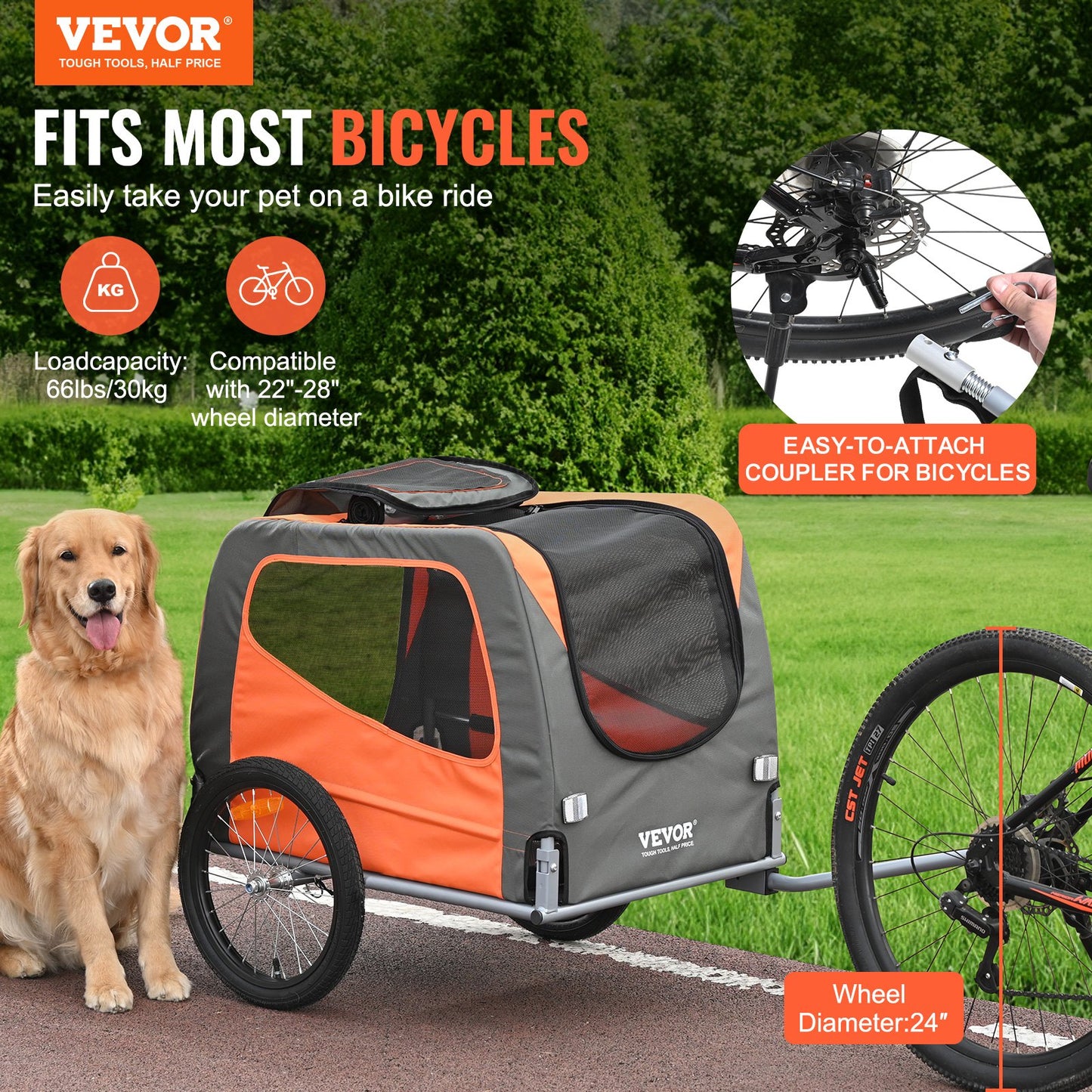 Hundcykelvagn, Stöder upp till 66 lbs, Pet Cart Cykelhållare, Lätt hopfällbar ram med snabbkopplingshjul, Universal Cykelkoppling, Reflexer, Flagga, Hopfällbar att förvara, Orange/Grå