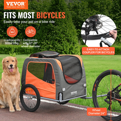 Hundcykelvagn, Stöder upp till 66 lbs, Pet Cart Cykelhållare, Lätt hopfällbar ram med snabbkopplingshjul, Universal Cykelkoppling, Reflexer, Flagga, Hopfällbar att förvara, Orange/Grå