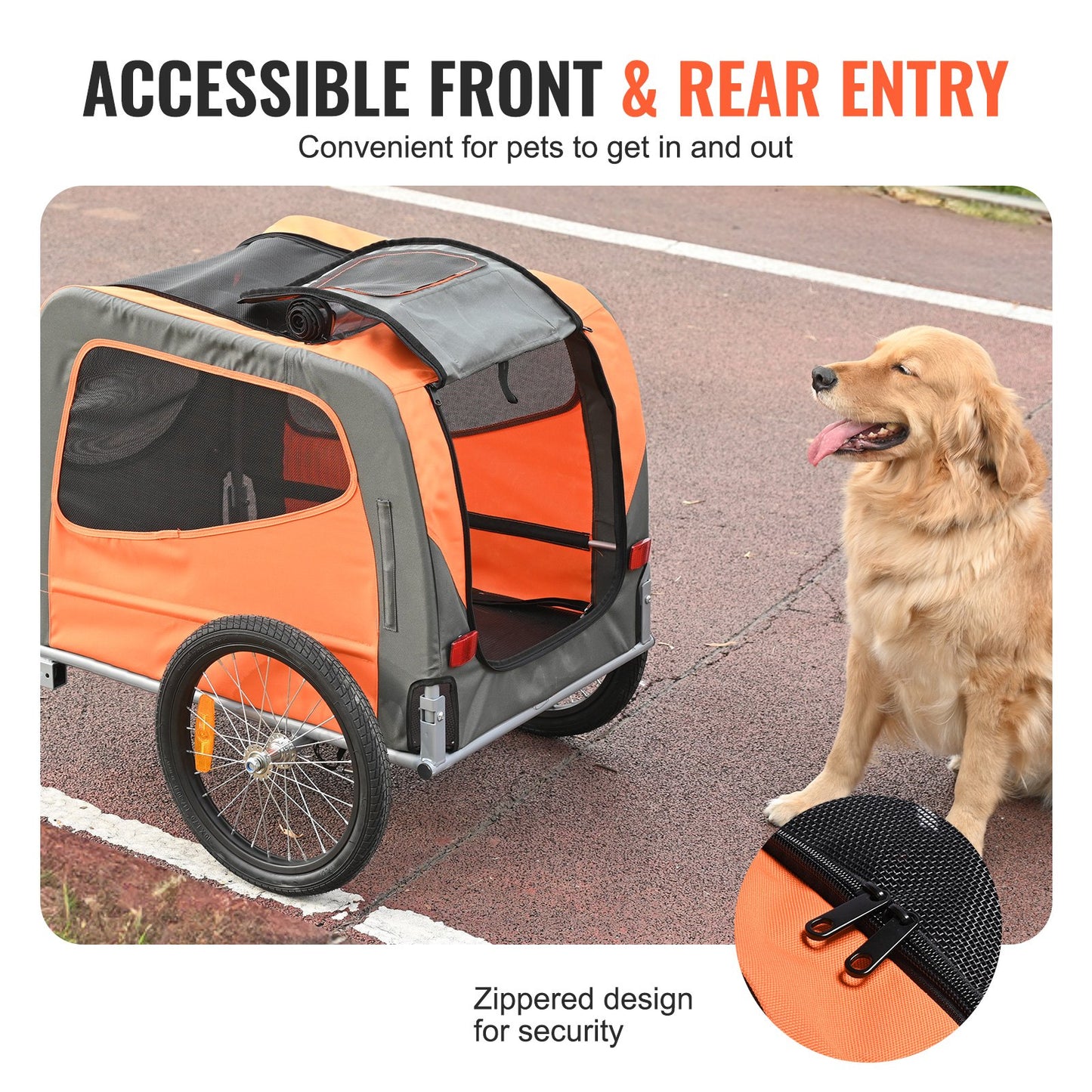 Hundcykelvagn, Stöder upp till 66 lbs, Pet Cart Cykelhållare, Lätt hopfällbar ram med snabbkopplingshjul, Universal Cykelkoppling, Reflexer, Flagga, Hopfällbar att förvara, Orange/Grå
