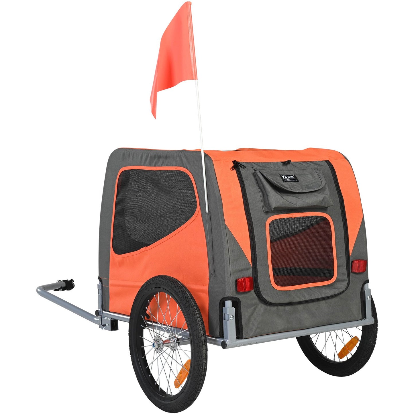 Hundcykelvagn, Stöder upp till 66 lbs, Pet Cart Cykelhållare, Lätt hopfällbar ram med snabbkopplingshjul, Universal Cykelkoppling, Reflexer, Flagga, Hopfällbar att förvara, Orange/Grå