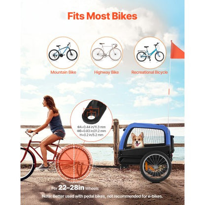 Hundcykelkärra, Stöder upp till 30 kg, Cykelhållare för små och medelstora hundar, Lättfällbar ram med snabbkopplingshjul, Universal cykelkoppling, Reflex, Flagga, Invändigt koppel |  EU