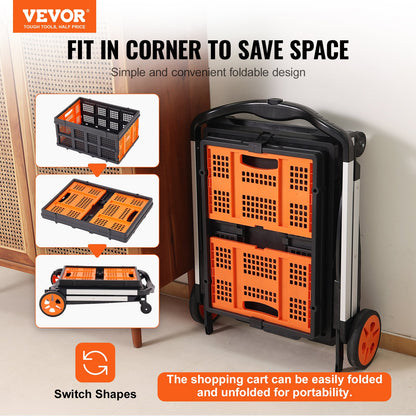 Multi Use Funktionell hopfällbar vagn, 198 lbs Kapacitet 2-lagers hopfällbar kundvagn med hjul, hopfällbar redskapsvagn med förvaringslåda, 2 i 1 handtruck för livsmedel/bagage/flyttning/kontor