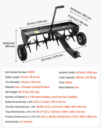 40" tow plug aerator with universal coupling lawn aerator towing behind