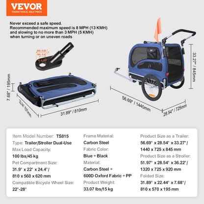 Hundcykelvagn, Stöder upp till 100 lbs, 2-i-1 Pet Stroller Cart Cykelhållare, Enkel hopfällbar vagnram med snabbkopplingshjul, Universal Cykelkoppling, Reflexer, Flagga, Blå/svart