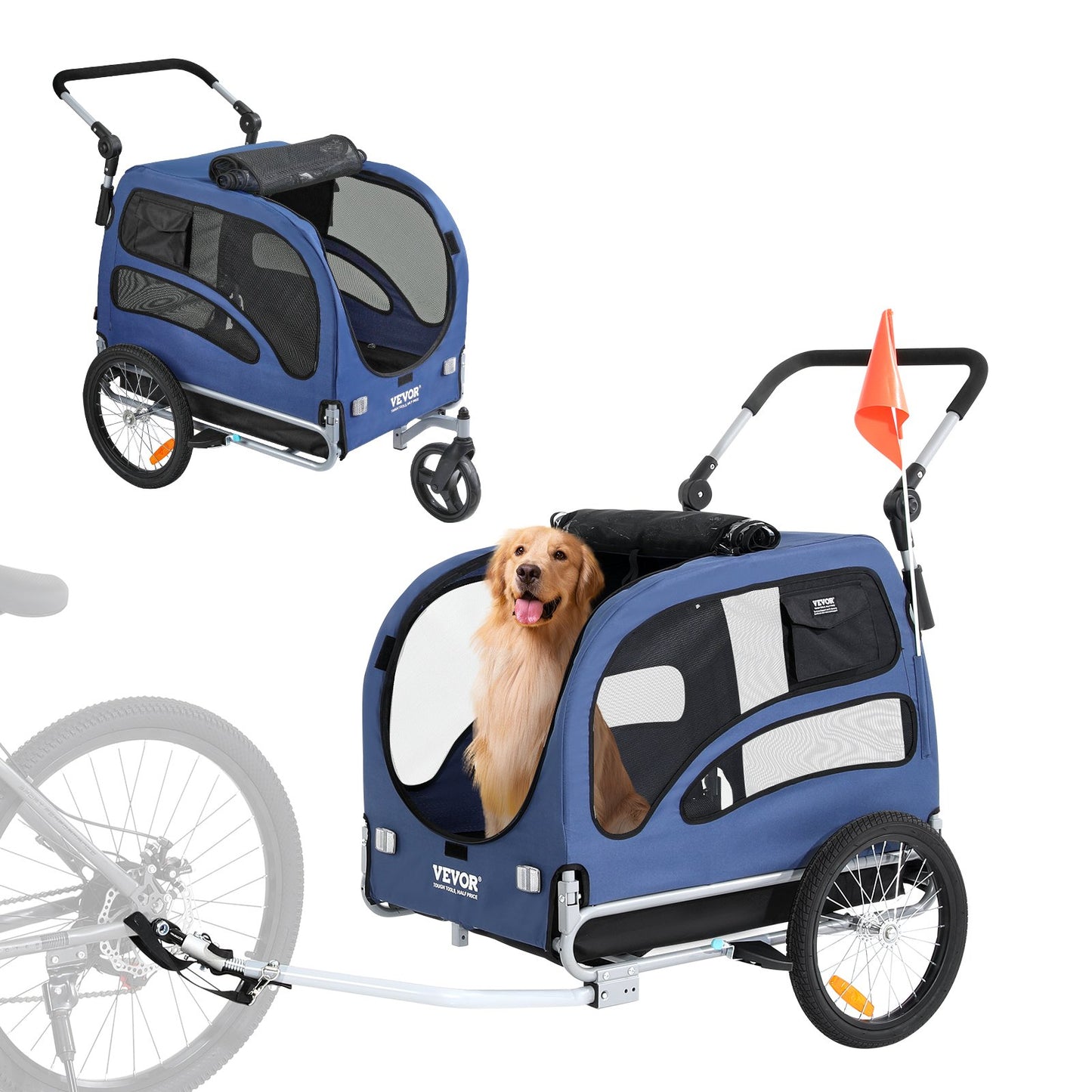 Hundcykelvagn, Stöder upp till 100 lbs, 2-i-1 Pet Stroller Cart Cykelhållare, Enkel hopfällbar vagnram med snabbkopplingshjul, Universal Cykelkoppling, Reflexer, Flagga, Blå/svart