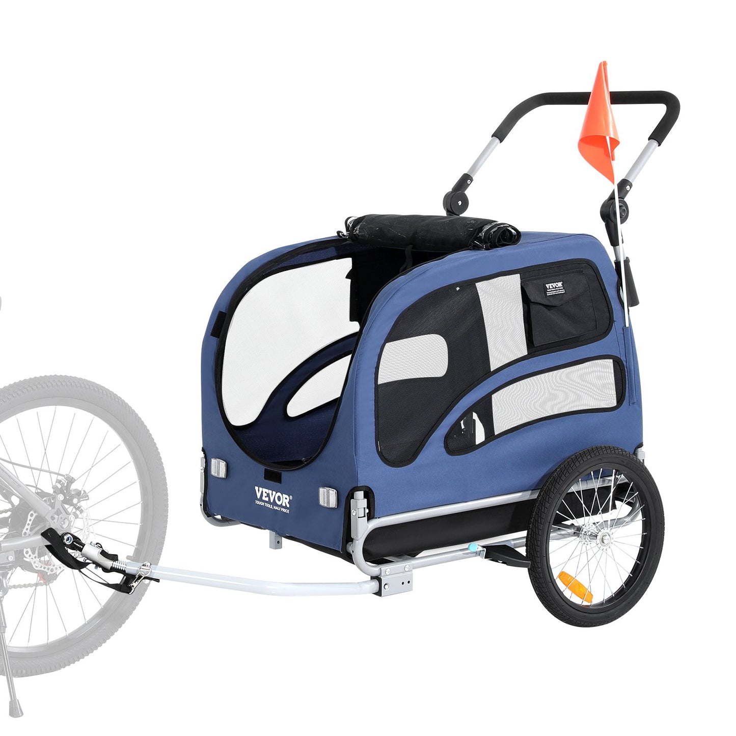 Hundcykelvagn, Stöder upp till 100 lbs, 2-i-1 Pet Stroller Cart Cykelhållare, Enkel hopfällbar vagnram med snabbkopplingshjul, Universal Cykelkoppling, Reflexer, Flagga, Blå/svart