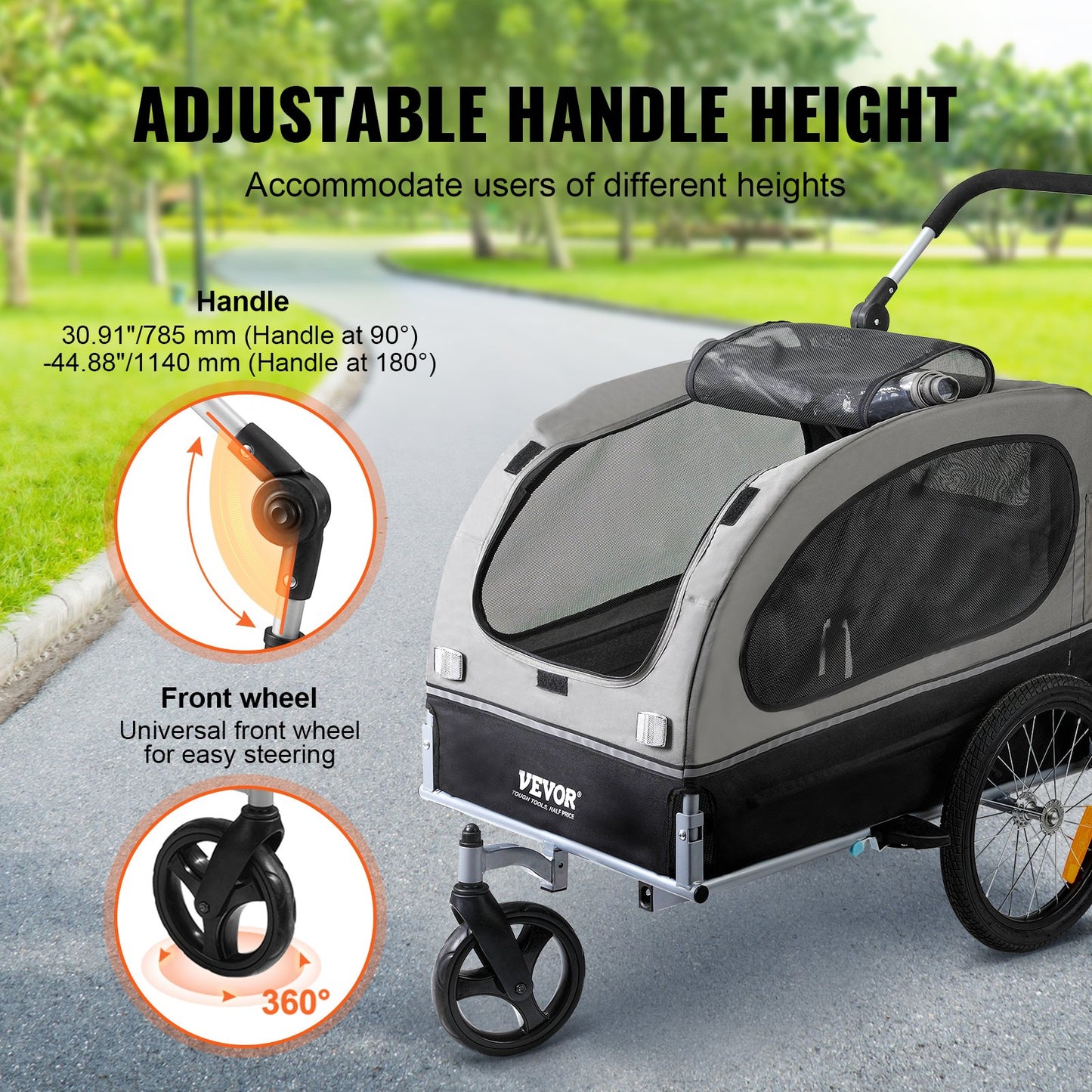 Hundcykelvagn, Stöder upp till 88 lbs, 2-i-1 Pet Stroller Cart Cykelhållare, Enkel hopfällbar vagnram med snabbkopplingshjul, Universal Cykelkoppling, Reflexer, Flagga, Svart/Grå