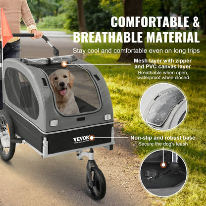 Hundcykelvagn, Stöder upp till 88 lbs, 2-i-1 Pet Stroller Cart Cykelhållare, Enkel hopfällbar vagnram med snabbkopplingshjul, Universal Cykelkoppling, Reflexer, Flagga, Svart/Grå